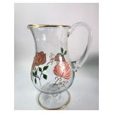 Handpainted Glass Pitcher W/ Pink Roses