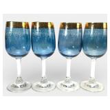 4 Vtg Blue Wine Glasses With Gold Rims
