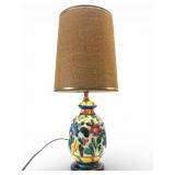 Vtg Signed Majolica Pottery Lamp & Burlap Shade