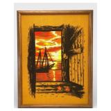 Vtg Crewel Embroidery Sailboat At Sunset