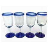 4 Hand Blown Cobalt Blue Rim & Stem Goblets