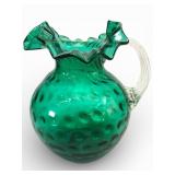 Vtg Hand Blown Emerald Glass Pitcher