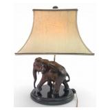 Carved Wood Elephant Table Lamp W/Shade