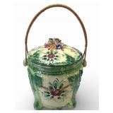 Vtg Japanese Majolica Biscuit Jar With Handle