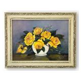 Vtg Signed Oil Painting Of Yellow Roses