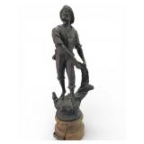 Spelter Bronzed Fisherman Statue On Wood Base