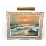 MCM Signed Seascape Oil Painting W/ Light