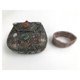 Gemstone Inlaid Metal Purse & Stretch Bracelet