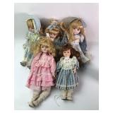 5 Porcelain Dolls With Tag & Dresses