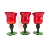 3 Handblown Red & Green Glass Goblets