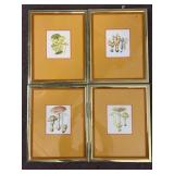4 Mushroom Prints In Gold Frames