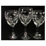 3 Etched Stemmed Wine Glasses