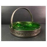 Green Glass & Metal Divided Dish With Handle