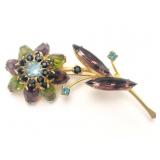 Vtg Gold Tone Flower Pin W/Purple & Green Rhinesto