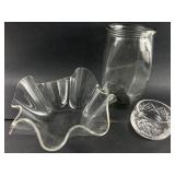 Glass Vase, Plastic Bowl & Etched Glass