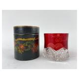 Hand-Painted Wooden Box & Ruby Flashed Glass