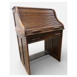 Oak Roll-Top Desk With Drawer & Shelves
