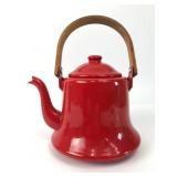 Red Enamel Teapot With Wooden Handle