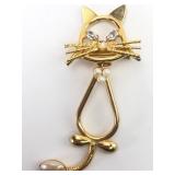 Gold Tone Cat Pin W/ Rhinestones & Faux Pearls