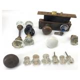 Vtg Porcelain & Glass Door Knobs & Brass Lock
