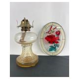 Glass Oil Lamp & Glass painted Panel