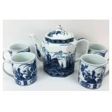 Blue & White Teapot With Mugs Set