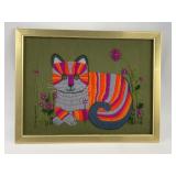 Framed Embroidered Cat On Green Fabric 12ï¿½16ï¿½ï¿½