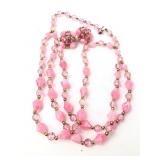 Pink Beaded Necklace & Clip Earrings Set