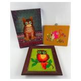 3 Embroidery Pieces ï¿½ Cat, Owl & Mouse