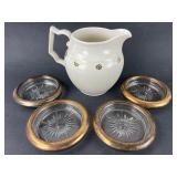Hall White Pitcher & 4 Glass Coasters