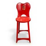 Red Wooden Stool With Painted Bird Design