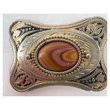Silver & Gold-Tone Belt Buckle With Agate