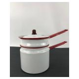 Vintage Enamelware Double Boiler White & Red Trim