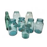 Ball Blue Glass Mason Jars and Codd-Neck Bottle