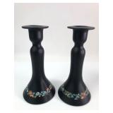 Pr. Hand-Painted Black Matte Glass Candlesticks