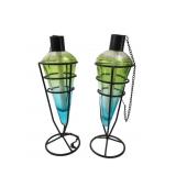 MCM Pair of Blown Glass and Wrought Iron Torches