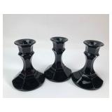 Set of 3 Black Amethyst Glass Candlesticks