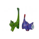 Oaxacan Wood Carved Hand Painted Cat Figurines, pr