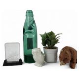 Vintage Wind-Up Bear, Codd-Neck Bottle, and Owls