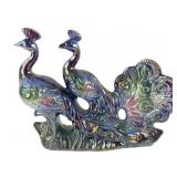 Iridescent Blue Glazed Ceramic Double Peacock Figu