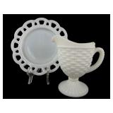 Fenton Milk Glass Basket Weave Creamer and Plate