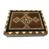 Marquetry Inlaid Wood Playing Card Box with Cards