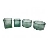 Set of 4 Green Pressed Glass Vases and Bowls