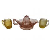 Pink Depression Glass Juicer and Amber Glass Mugs