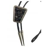 Silver Tone Bolo Tie with Black Stone Chips