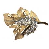 VTG Trifari Crown Gold Tone Rhinestone Leaf Pin
