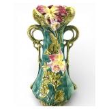 Majolica Vase With Floral Motif 12 Tall