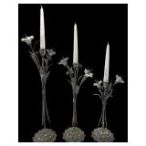 Set of 3 Floral Metal and Porcelain Candlesticks
