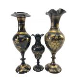 Indian Etched Brass and Black Enamel Bud Vase Set
