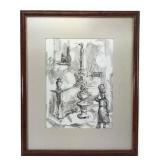 Eleanor Signed Ink and Wash Drawing of a Woman at